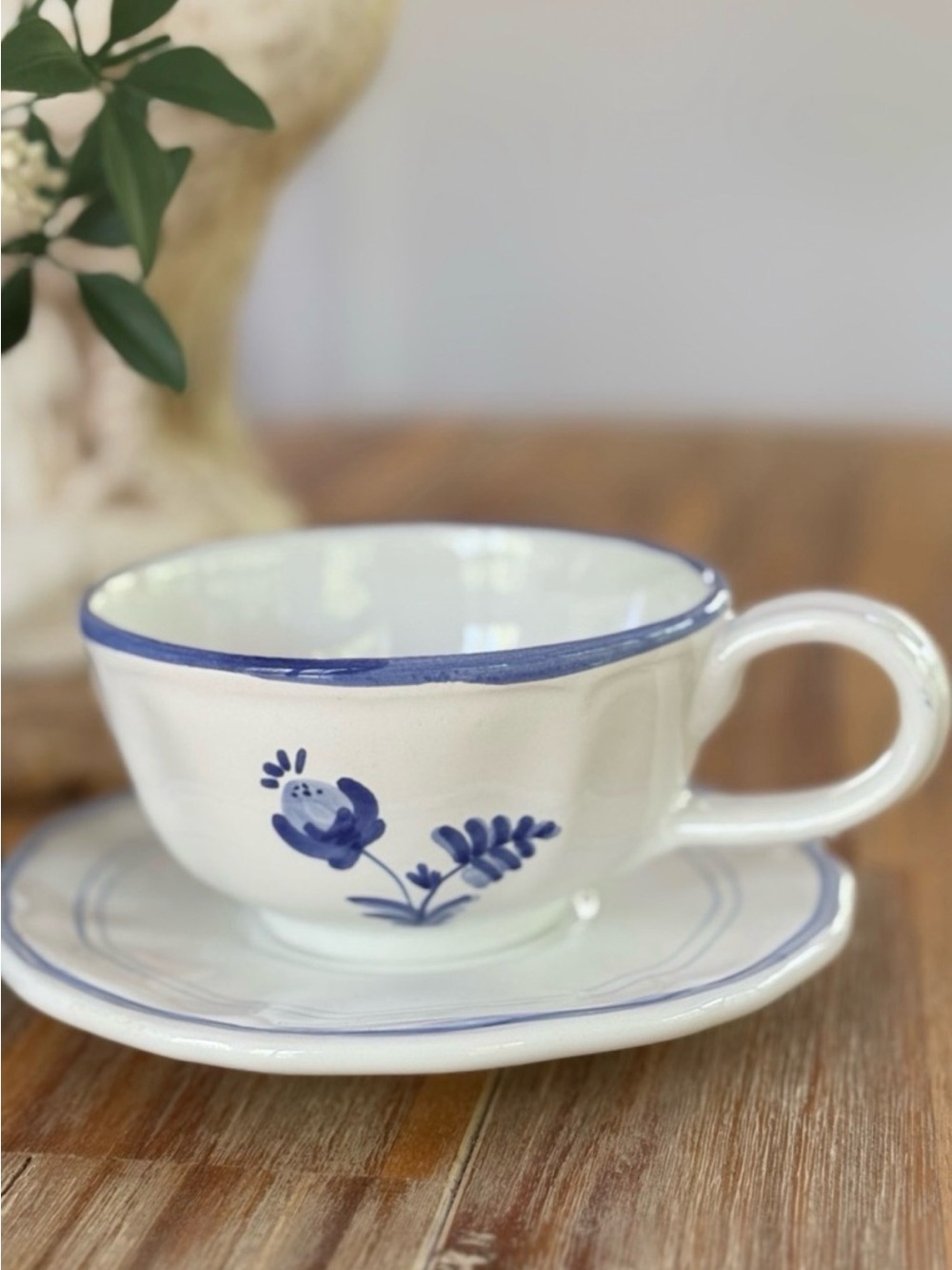 Crate&Barrel Blue and White Laura Cup and Saucer Over Sized